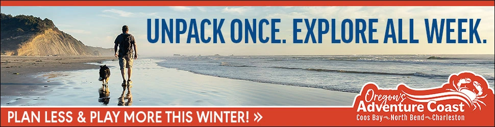 A person walks a dog along a beach at sunset, with promotional text for Oregon's Adventure Coast above.