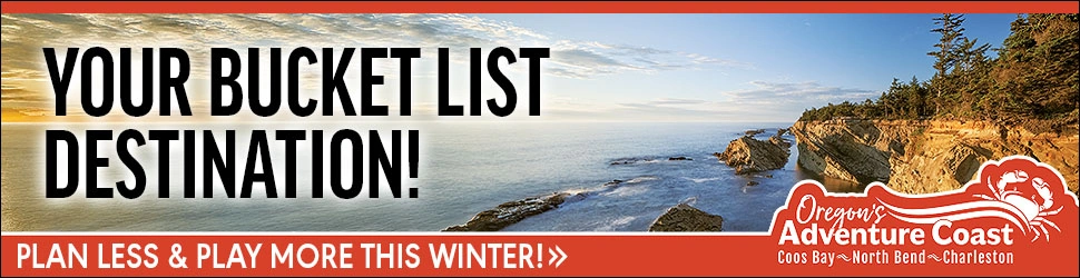 Scenic coastal view with cliffs and ocean, promoting Oregon's Adventure Coast winter travel.