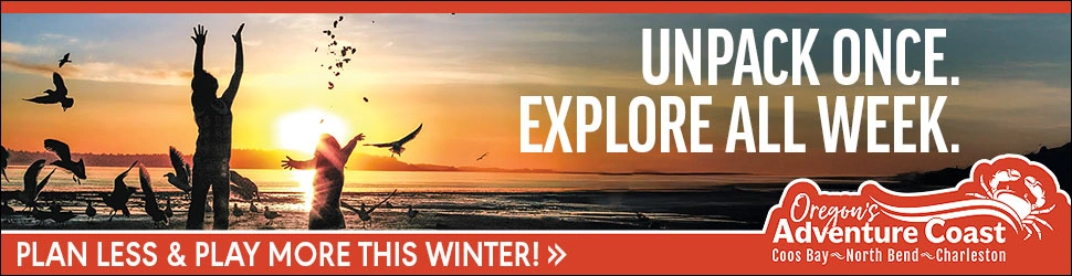 A sunset over a beach with silhouettes of people playing and birds flying, promoting Oregon's Adventure Coast.