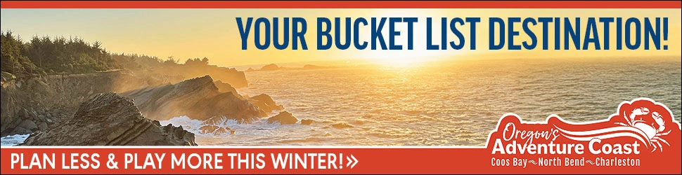 Sunset over rocky coast with text promoting Oregon's Adventure Coast as a winter travel destination.