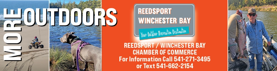 Promotional banner for “OUTDOOR” featuring fishing and “REEDSPORT WINCHESTER BAY” with phone numbers 541-271-3495 and 541-662-2154