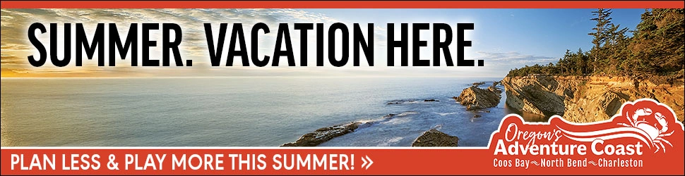 “SUMMER. VACATION HERE.” Oregon’s Adventure Coast banner with ocean shoreline and “PLAN LESS & PLAY MORE THIS SUMMER! »”