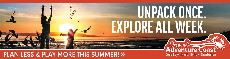 Oregon’s Adventure Coast ad banner: “UNPACK ONCE. EXPLORE ALL WEEK.” over beach sunset.