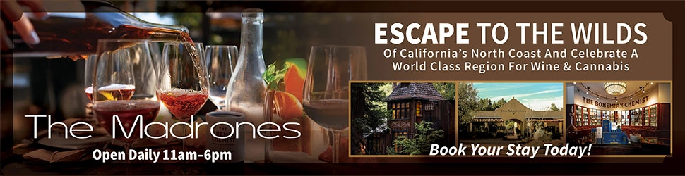 “The Madrones” banner: “ESCAPE TO THE WILDS” and “Open Daily 11am–6pm”; “Book Your Stay Today!”