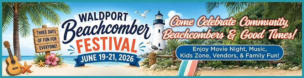 Waldport Beachcomber Festival banner: “June 19–21, 2026” and “Come Celebrate Community.”