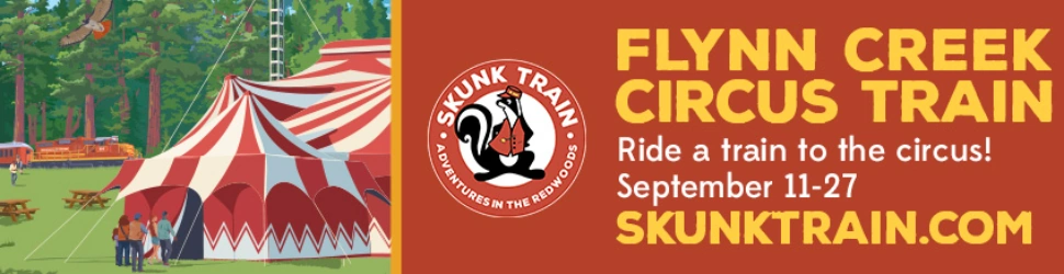 Flynn Creek Circus Train poster with “FLYNN CREEK CIRCUS TRAIN,” “Ride a train to the circus!”